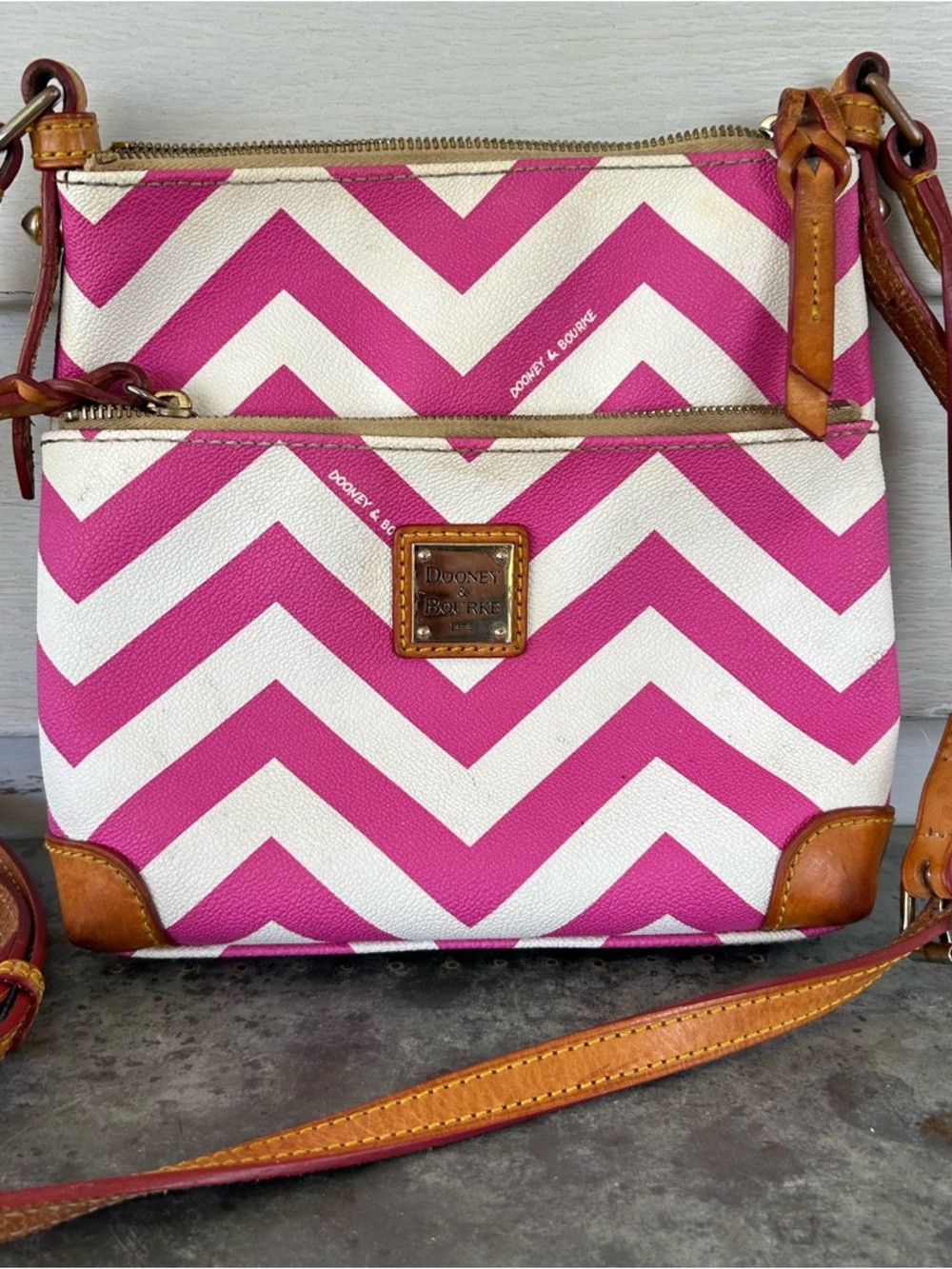 Dooney & Bourke Satchel Cross Body Pink & White Chevron Stripe Bag Purse